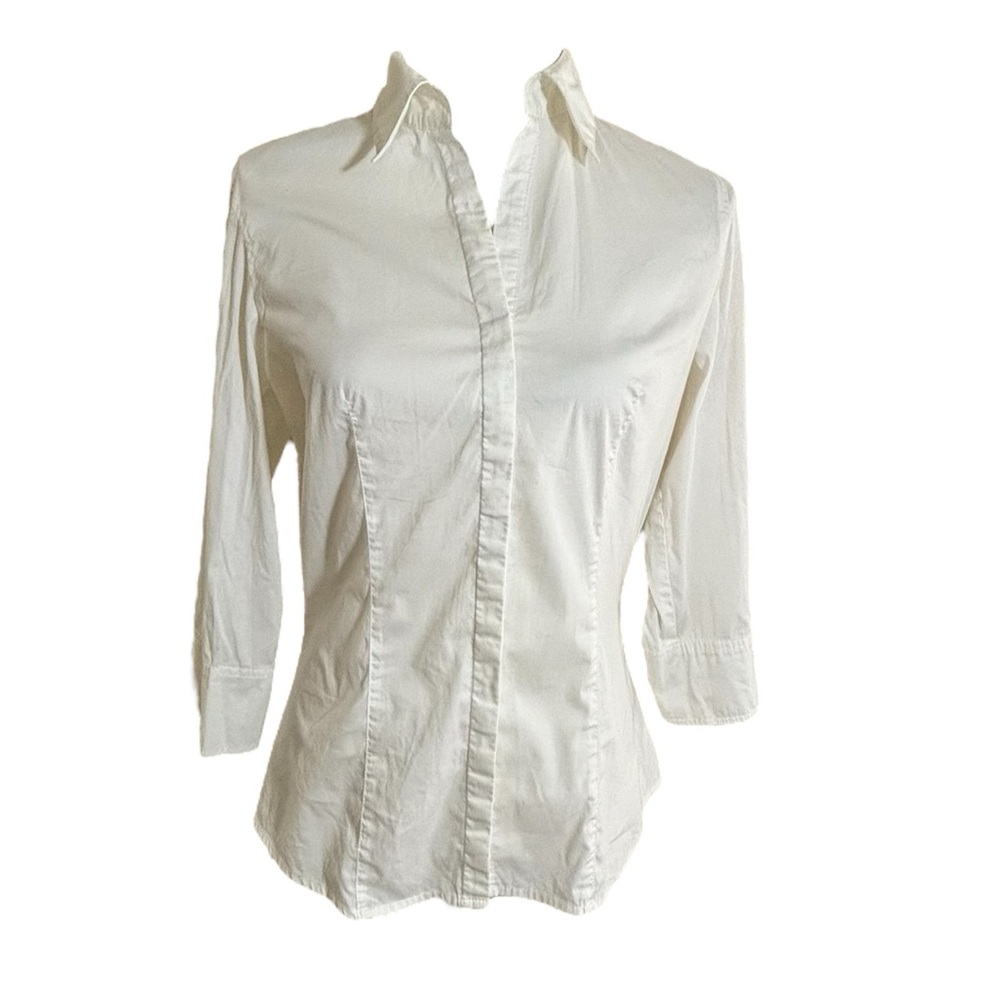Camaieu White Cotton Fitted 3/4 Sleeve Button Shirt Size Medium